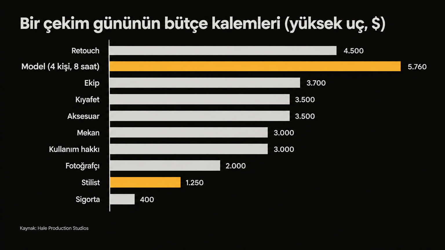 Bir çekim gününün bütçe kalemlerini gösteren yatay çubuk grafik; model ve stilist kalemleri vurgulanmış